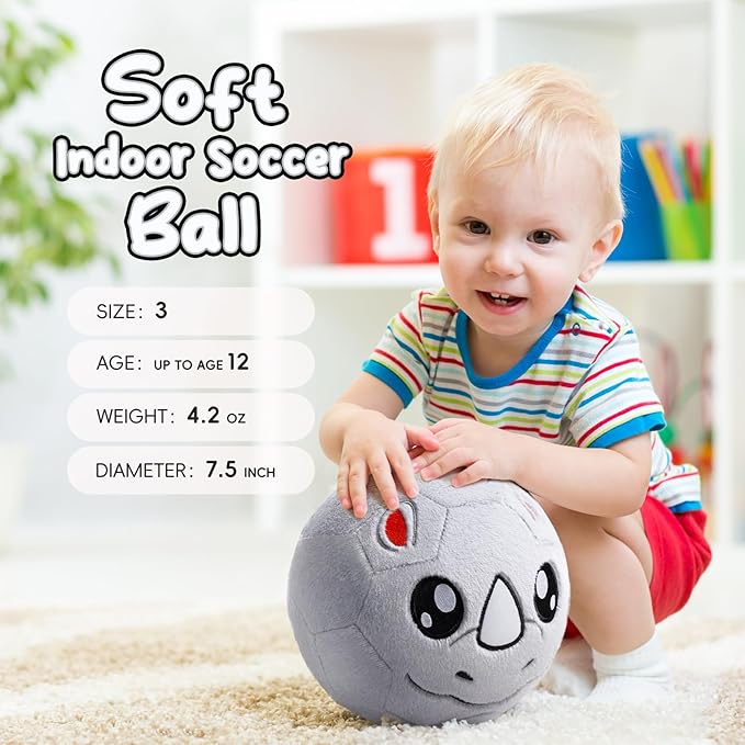 VangeBow Silent Indoor Soccer Balls for Toddlers 1-3, Inflatable Soft Plush Baby Toddler Soccer Ball Toys Gifts for 1 2 3 4 5 Year Old Boy Girl First Birthday Gift (Rhino, Pump Include)