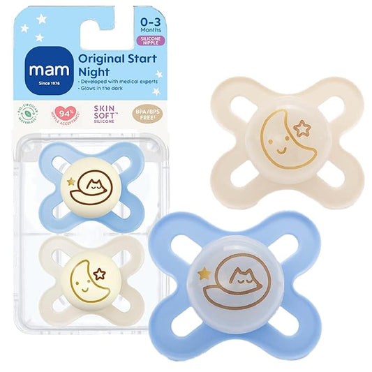 MAM Original Start Baby Pacifiers 0-3 Months, BPA-Free Skin Soft Silicone Nipple, Glows in The Dark, Developed with Medical Experts Specially for Smaller Newborn Mouths, 2 Pk with Sterilizer Case