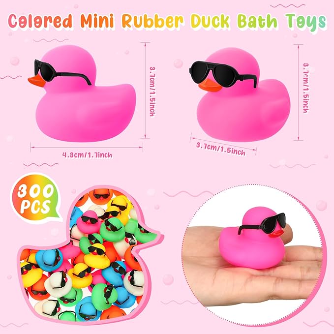 Hiboom 300 Pack Mini Rubber Ducks Set Bath Toys in Bulk with Sunglasses Float Squeak Tiny Baby Shower Rubber Duck Bathtub Pool Toy for Kids Party Birthday Supplies Prize Rewards(Colorful)