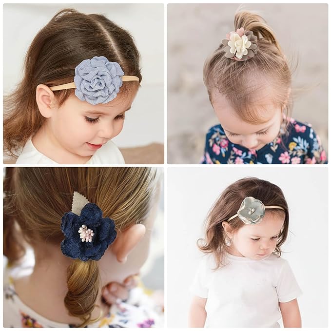 DRESHOW BQUBO Baby Girl Headbands with Flower Nylon Hairbands Handmade Hair Accessories for Newborn Infant Toddlers 10 Pack