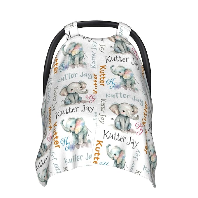 Personalized Winter Carseat Cover for Baby Custom Name Car Seat Canopy for Newborn Baby Boys Girls 2 in 1 Mom Nursing Breastfeeding Covers Elephant Minky Baby Carrier Stroller Covers