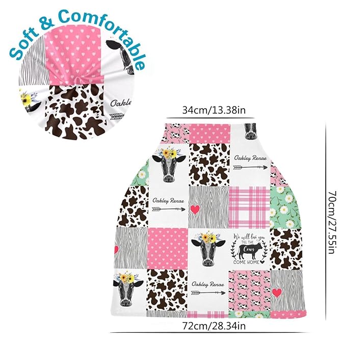 Personalized Baby Car Seat Cover for Babies, Custom Name Baby Car Seats Canopy for Girls, Nursing Breastfeeding Stroller Covers for Infant Newborn, Shower Gift for Baby (Farm Cow Pink)
