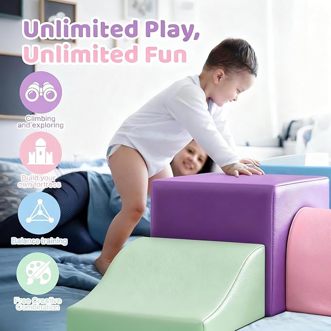 Sumbababy Soft Climbing Blocks Set for Toddlers: 4 PCS Foam Play Structures with Tunnel - Indoor Playground for Kids with Slide and Stairs - Safe Play Gym for Boys and Girls