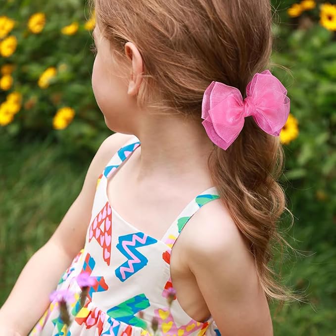 Hot Pink Mesh Hair Bow Clips 4" Organza Double Tulle Bow Barrettes Alligator Hair Pins Boutique Birthday Party Dress outfit Decor Accessories Valentines Xmas Gift for Teens Toddler Girls Kids
