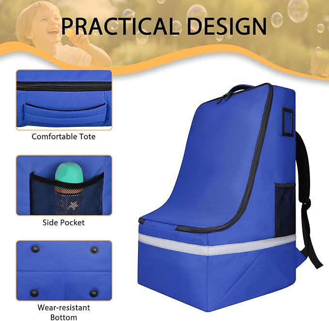 LARIPOP Car Seat Travel Bag for Airplane, Universal Gate Check Car Seat Bag, Padded Backpack with Waist Belt, Reflective Strips & Protective Feet, Fits Infant Convertible Booster Seats, Blue
