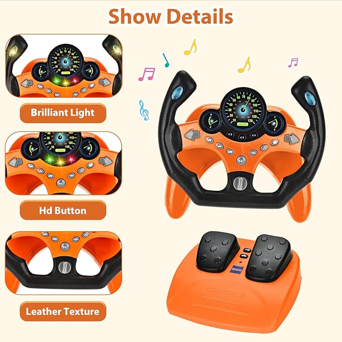 RedCrab Steering Wheels with Brake and Gas Pedals Toy for Kids,Pretend Driving Seat Toys with Light and Music,Simulated Driving for Toddlers,Baby Electric Early Learning Educational Toys (Orange)
