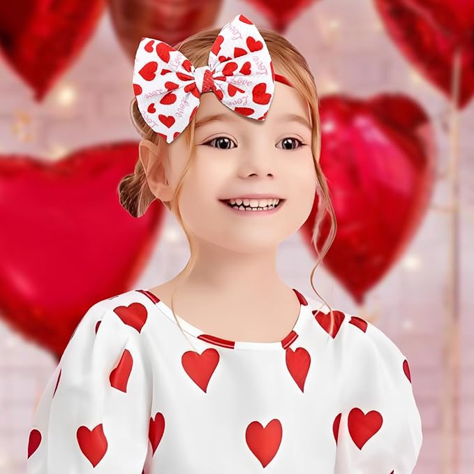 Baby Girl Bows Valentines Headbands Red Love Heart Hairbands 4.5'' Hair Bow Elastic Nylon Hairbands Hair Accessories for Newborn Infant Toddler 3Pcs