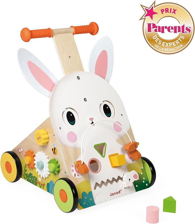 Janod - Farm Multi-Activity Trolley - Wooden Push Cart - 9 Activities - Patented Brake System and Silent Wheels - Developmental Toy for Children - From 12 Months - J03326