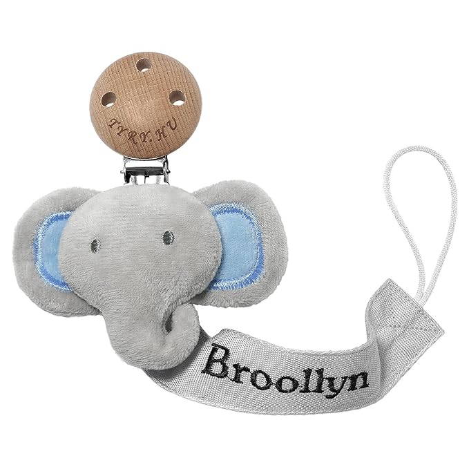 TYRY.HU Personalized Pacifier Clip with Name, Customize Pacifier Leash, Embroidery Ribbon Pacifier Holder for Girls and Boys, Universally Fit All Pacifiers, Grey Elephant