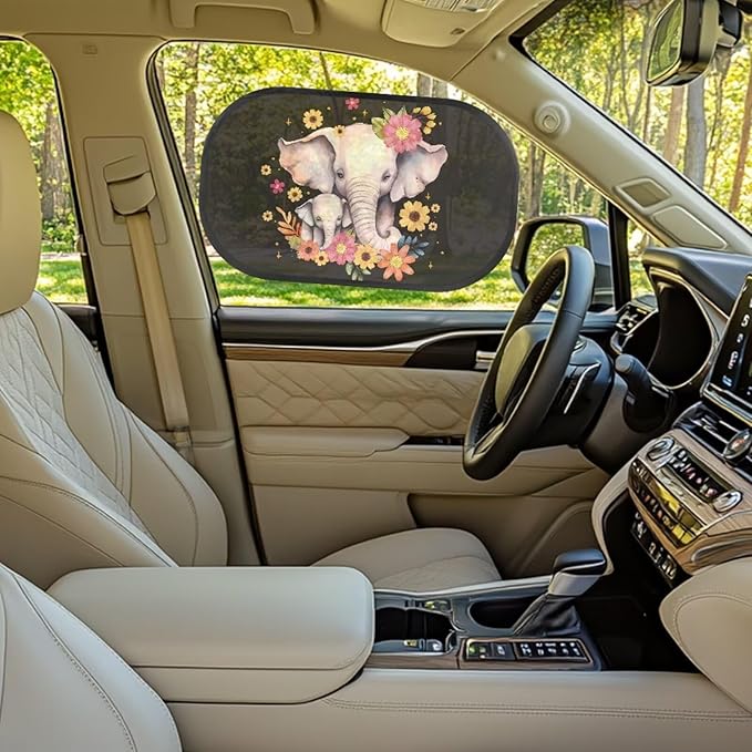 Bulopur Floral Elephant Window Shades 2 Pack Car Window Covers UV Protection Breathable Sun Shade Car Window Baby Cute Design for Most Vehicle, SUV, Truck, Cars