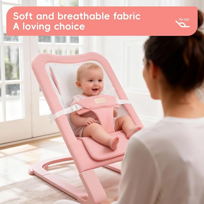 Baby Bouncer for Newborns 0-12 Months: 0-5 Years Portable Infant Girl Bouncer Seat Chair in Pink with Adjustable Recline & 3-Point Harness, Supports Up to 60 lbs
