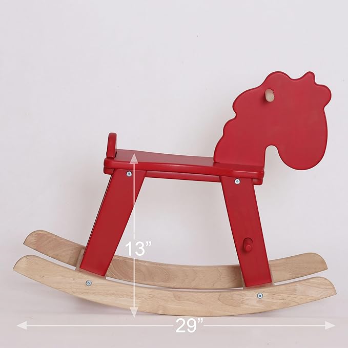 Red Wooden Rocking Horse for Preschool (Ages 3-6) - Solid Rubber Wood, Safe & Comfortable Footrest, Supports Physical & Cognitive Growth, Vintage