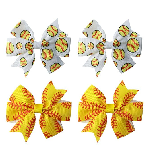 4Pcs Football Hair Clips for Girls, Soccer Printed Ribbon Bows for Girls Rugby Soccer Hair Clips Hair Accessories for Kids Decoration Baseball Gifts