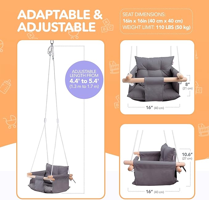 CaTeam - Canvas Baby Swing, Wooden Hanging Swing Seat Chair with Safety Belt, Durable Baby Swing Chair, Outdoor and Indoor Swing for Kids, Mounting Hardware Included, Dark Gray