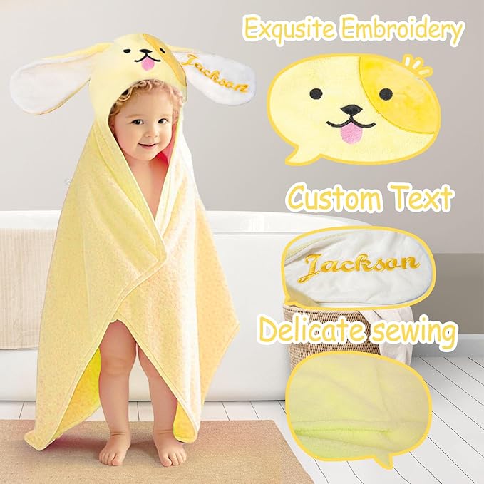 Custom Hooded Baby Towels with Name, Personalized Bunny Easter Gifts for Toddlers, Custom Baby Bath Towels for Newborn, Ultra Soft and Absorbent, Ideal for Girl Boy (Dog)