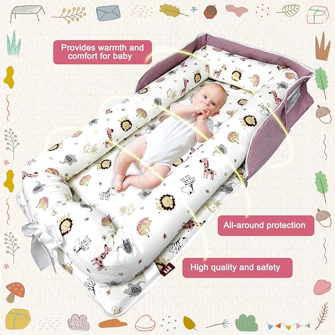 Baby Lounger, Foldable Portable Infant Lounger, Baby Nest Cover, Suitable for 0-24 Months Newborn Baby Lounger,Home Travel Dual-Purpose Baby Nest（Pink Zoo）