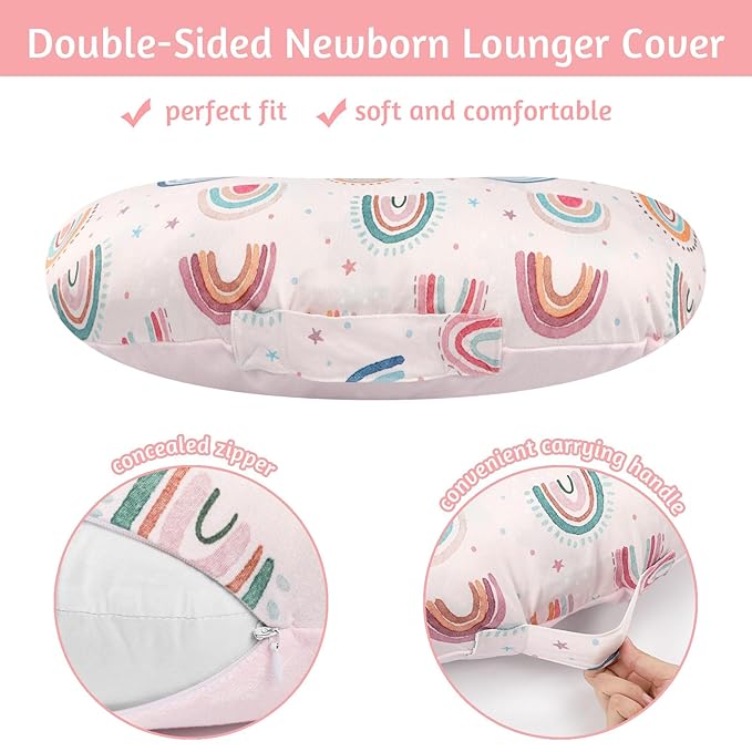 Newborn Lounger Cover for Girls Boys, Removable Soft Baby Lounger Cover, Reversible Infant Lounger Cover Minky, Pink Cute Rainbow (Only Cover)