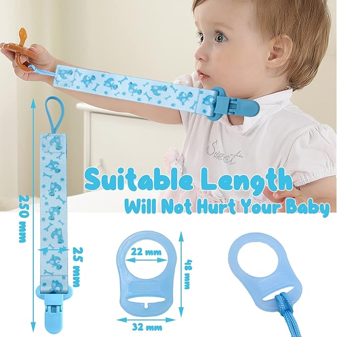 8 Pcs Dummy Clips Girls Baby Pacifier Holder Soother Clip Chain Straps with Plastic Clasp, Silicone Ring Adapter, Fit All Dummies & Soothers & Teething Toys, Newborn Essentials (Blue)