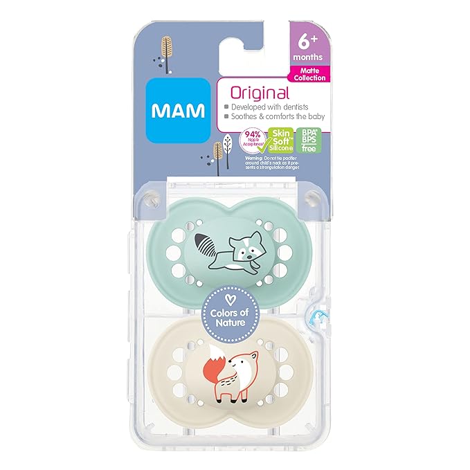 MAM Original Matte Baby Pacifier, Nipple Shape Helps Promote Healthy Oral Development, Sterilizer Case, Boy, 6-16 Months (Pack of 2)