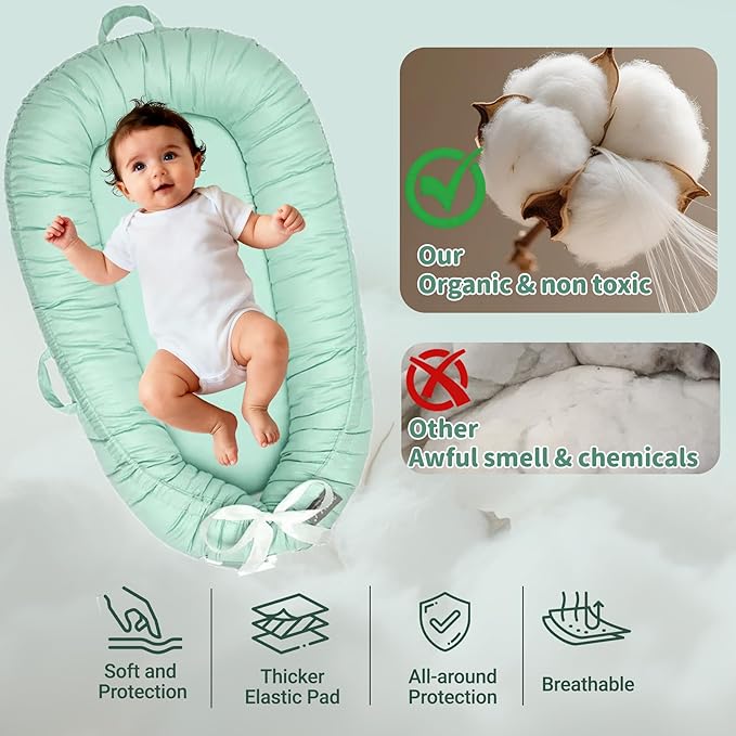 Infant Support Cushions | Baby Lounger | Organic Cotton Infant Lounger | Reversible, Adjustable & Portable Floor Lounger | Supervised Use | Soft, Breathable, Washable Cover(Green)