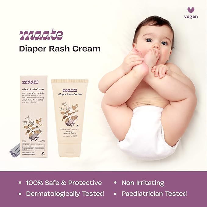 MAATE Baby Diaper Rash Cream | Provides Healing, Prevent Rashes & Irritation | Enriched with Vetiver, Cinnamon and Rosemary Oils | Dermatologically Tested & Vegan | (70 ml)