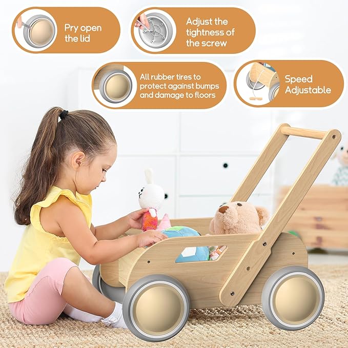 HOMEKOL Wooden Baby Walker, Baby Walker, Adjustable Speed for Boys and Girls, Baby Activity Center, Birthday, Christmas and New Year's Gift, Natural Wood Color