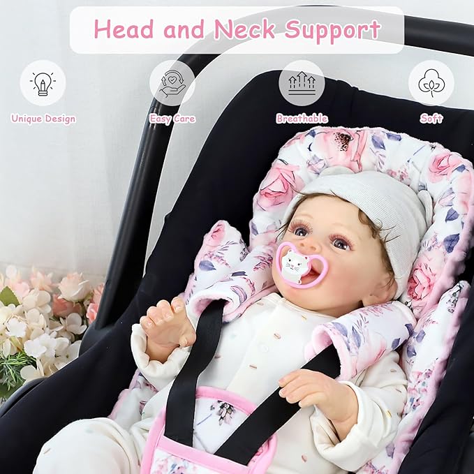 SWESEN Infant Car Seat Insert with 3 Strap Covers Set, Car Seat Head Support Baby for Girls, Soft 3 in 1 Baby Car Seat Cushion for Strollers, Bouncers, Swing, Floral