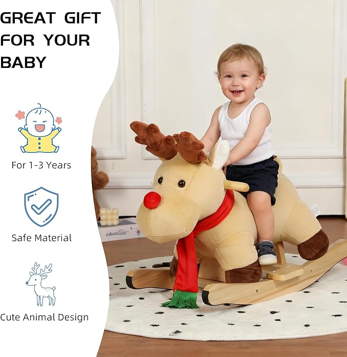 Reindeer Baby Rocking Horse for Toddlers 1 Years to 3 Years, Stuffed Plush Ride-on Rocking Animal with Realistic Sound and Music, Wooden Rocking Horse with Seat, Apricot Reindeer, CPC Certified