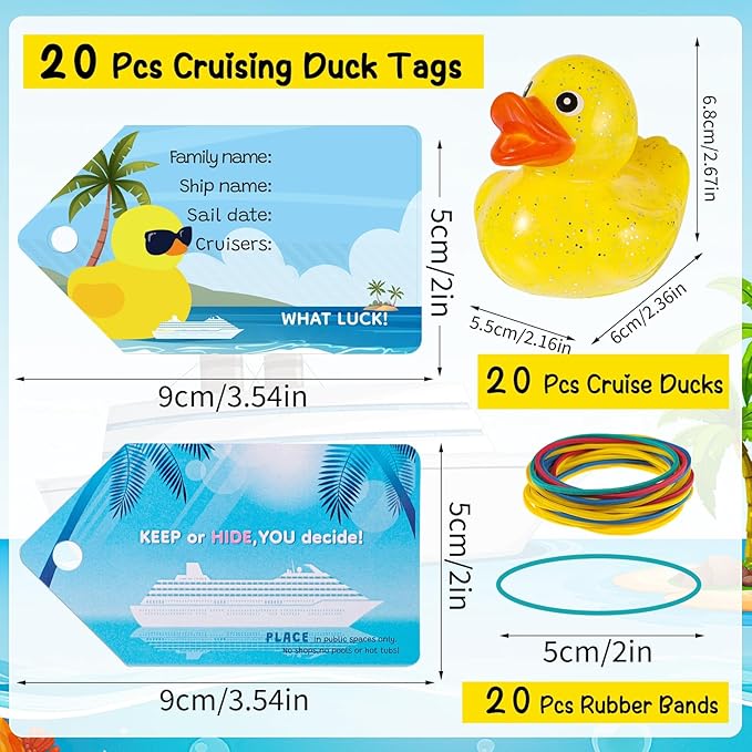 60 PCS Cruise Duck Tags Kits Includes 20 Pcs Cruise Ducks and 20 Pcs Cruise Duck Tags with 20 Pcs Rubber Bands, Cruising Rubber Ducks for Cruise Ship Hiding Ducks