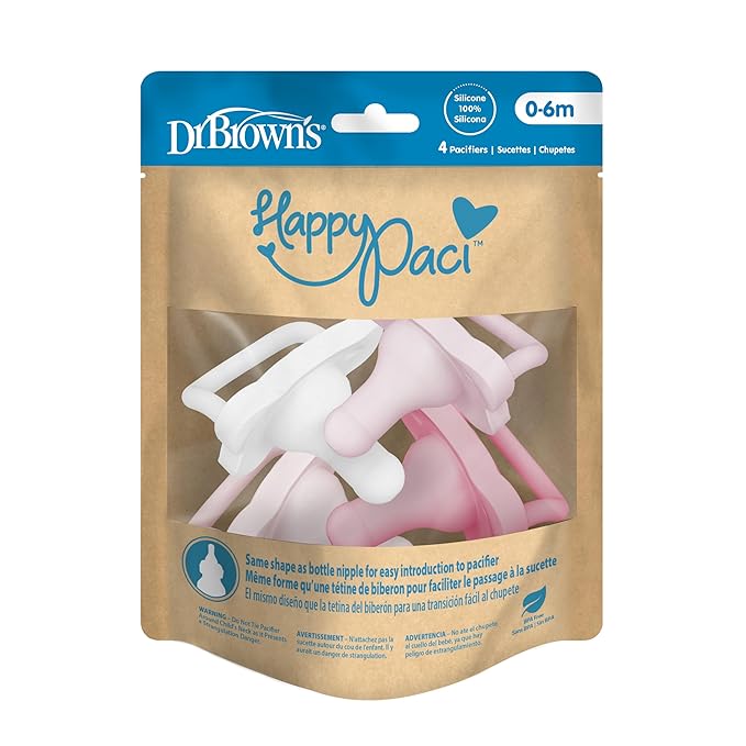 Dr. Brown's HappyPaci 100% Silicone Baby Pacifier, Contoured One-Piece Design, Light-Pink, Pink, White, 0-6m, BPA-Free, 8-Pack