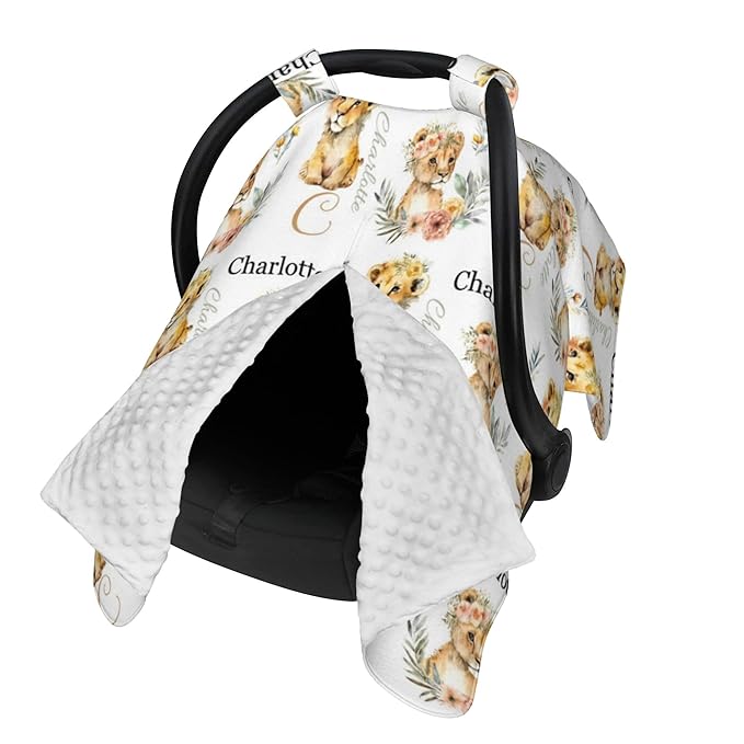 Personalized Winter Carseat Cover for Baby Custom Name Car Seat Canopy for Newborn Baby Boys Girls 2 in 1 Mom Nursing Breastfeeding Covers Lion Minky Baby Carrier Stroller Covers