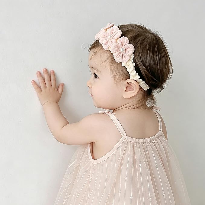 Handmade Baby Girl Headbands in Beige and Pink Lace Flowers for Newborns and Toddlers Cute Baby Girl Flowers and Newborn Headbands (Pink flowers, One Size)