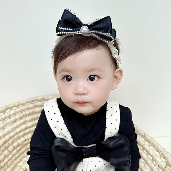 Bow Lace Headbands for Baby Girls Soft Tulle Ribbon Pearl Head Wrap Elastic Bow-knot Hair Band Shower Birthday Hair Accessory for Newborn Infant Toddler (Black B, Elastic)