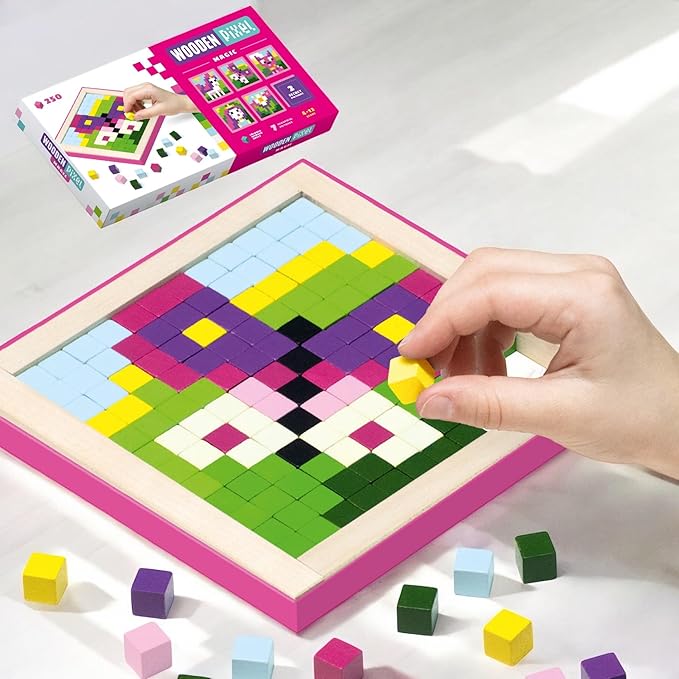 CUBIKA Mosaic Wooden Pixels – Montessori Puzzle for Toddlers – 250-Piece Wooden Puzzles for Toddlers– Educational Travel-Friendly Kids Puzzles Ages 2-4 – FSC Wood, German Water-Based Paints