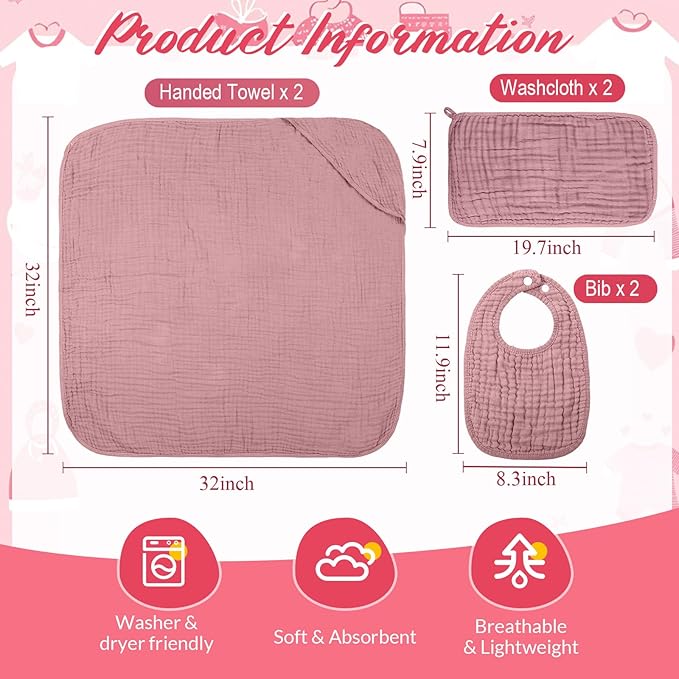 Hahafelt 6 Pcs Muslin Hooded Bath Towels Washcloths and Bibs Set, Muslin Cotton Baby Towels Absorbent Hooded Blanket Towel Infant Bibs for Boys Girls Newborn Infant Essential(Pink,Rose)