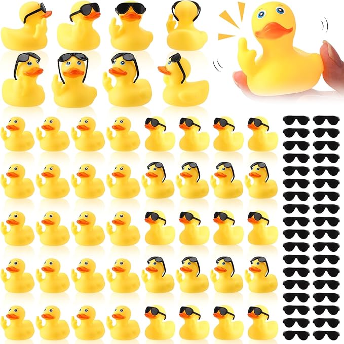 50 Pcs Rubber Duck with Sunglasses,Squeak Finger Duck Bath Toys,Funny Rubber Ducks Figurines Mini Ducks for Bathroom Shower Birthday Gifts Party Favors