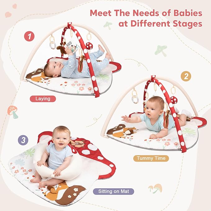 Baby Play Mat & Baby Seats for Infants for Sitting Up | Tummy Time Gym Activity Mat with 5 Detachable Toys for Stage-Based Sensory | Babies Essentials Gift for Newborn 0-6-12-18 Months (Red)
