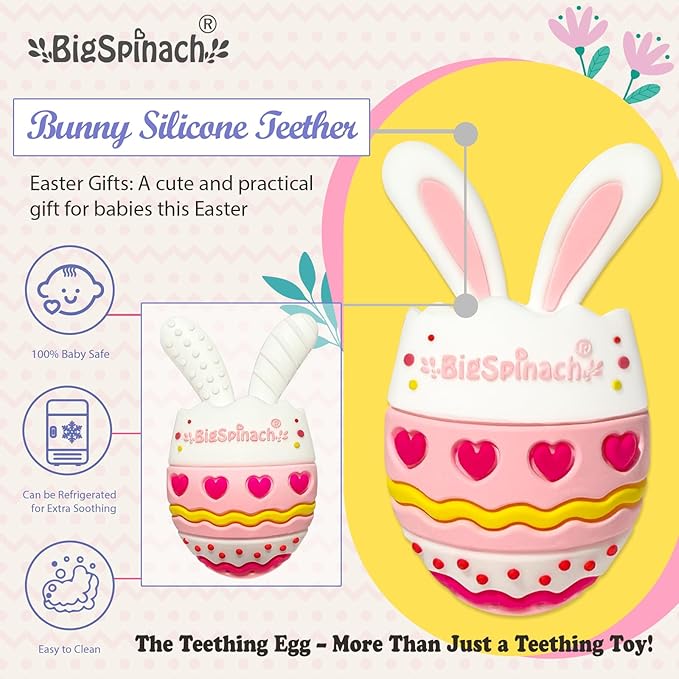 BIGSPINACH Easter Egg Baby Teether,Baby Teething Toy for Pain Relief,Silicone Bunny Rabbit Teether,Easter Gift for Babies,Sensory Toy for Boys & Girl (Pink)