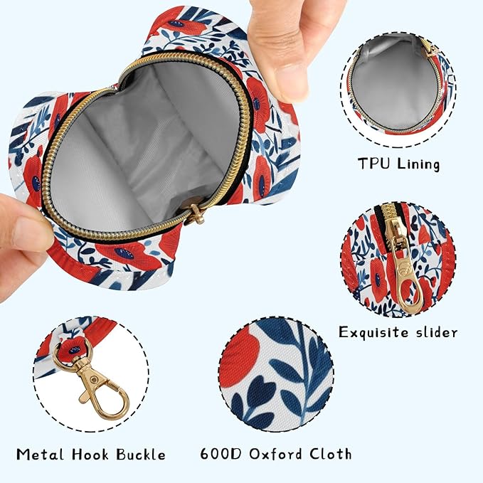 Pacifier Holder with Clip Pacifier Case for Diaper Bag Round Baby Pacifier Pouch Box Bag Portable Red Poppy and Leaves