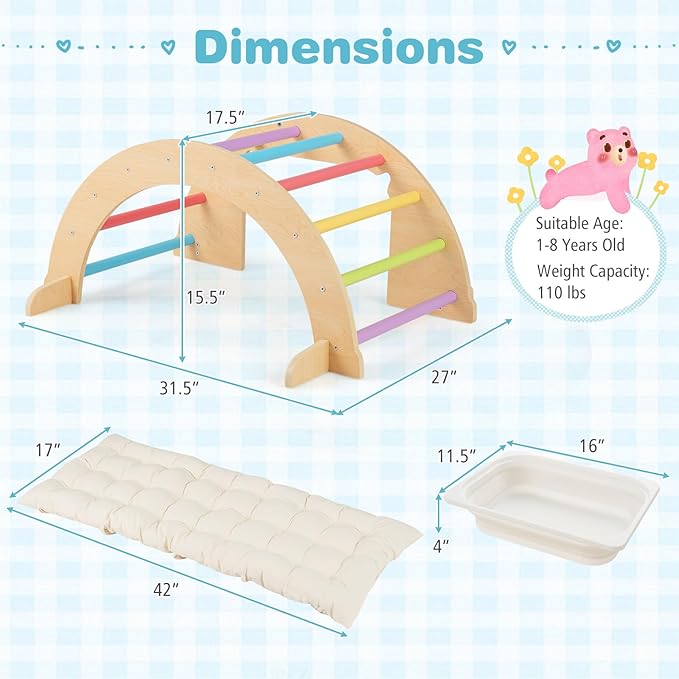 Costzon Wooden Arch Sensory Table for Kids, 6-in-1 Toddler Indoor Montessori Climbing Toys with Cushion, Foldable Storage Bin, Arch Climber Ladder Learning Playset for Kids Gift Presents