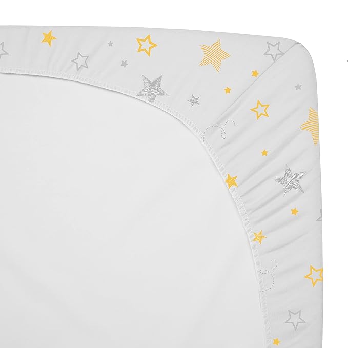 American Baby Company 3 Pack 100% Natural Cotton Fitted Pack and Play Sheets 39" x 27" - Soft & Breathable Pack N Play Sheets for Playard & Mini Crib Mattress, Yellow Star/Yellow/Gray, for Boy & Girl