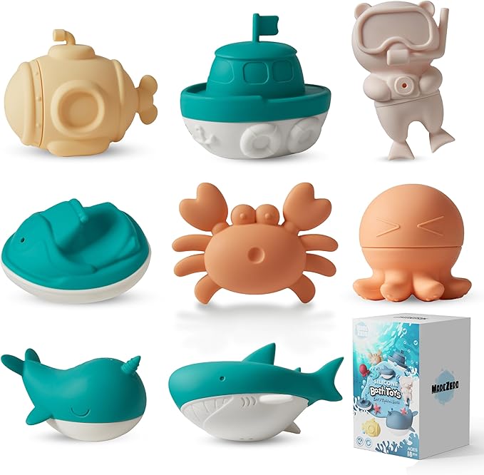 MarcZero Ocean Silicone Bath Toys 8Pcs for Toddlers Kids Babies,Bathtub Water Toys,Soft Squeezable Easy-Grip Pool Toys Set (Green)