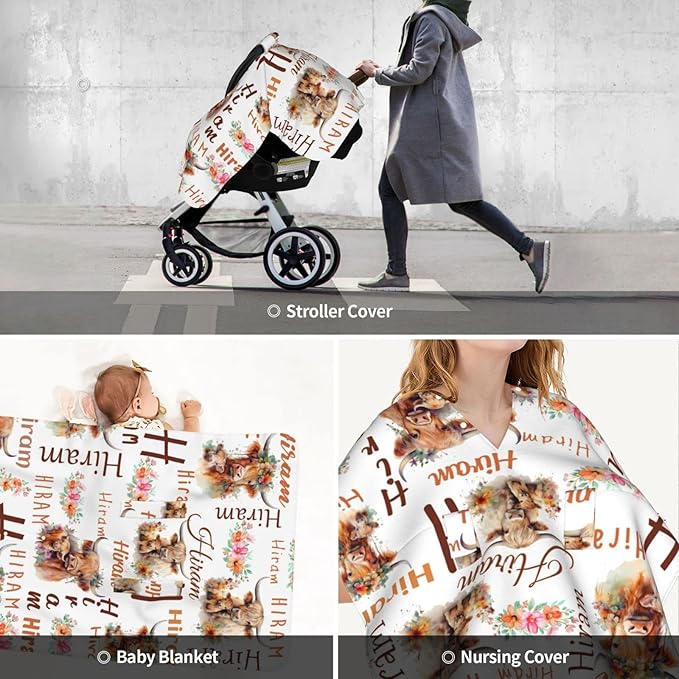 Personalized Highland Cow Baby Car Seat Cover for Boys Girls, Customized Peekaboo Opening Carseat Covers with Name, Custom Nursing Covers Breastfeeding Scarf for Infant Newborn