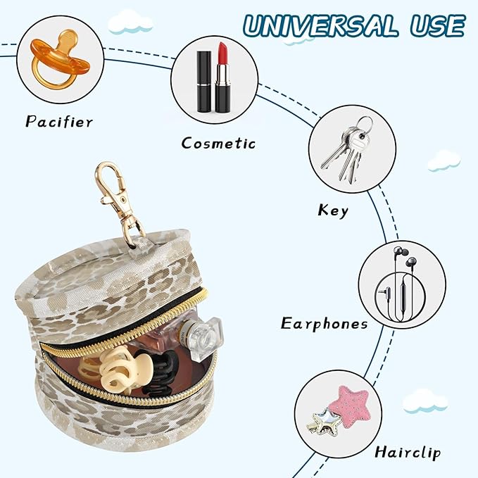 Pacifier Holder with Clip Pacifier Case for Diaper Bag Round Baby Pacifier Pouch Box Bag Portable Brown and Beige Leopard Print
