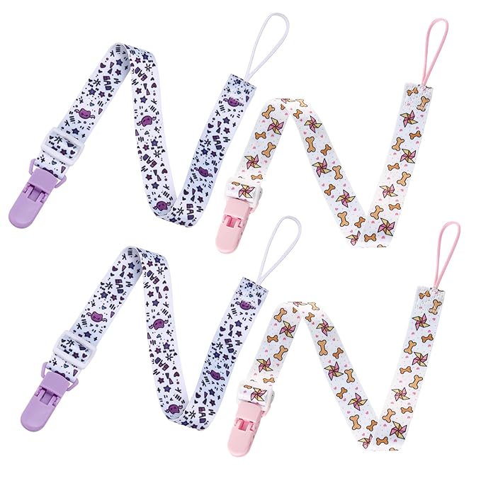 Cute Adult Pacifier Clips: Pacifier Holder Clip with Convenient Hook Loop - Bad Rock Rabbit & Windmill Puppy - 17 Inch Long 4 Pack Set