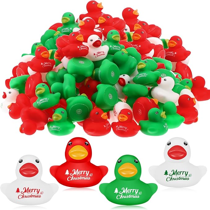 Junkin 100 Pcs Merry Christmas Rubber Ducks Bulk Mini Rubber Ducks Small Duck Bulk Xmas Gift for Halloweens Party Favors (Christmas Duck)