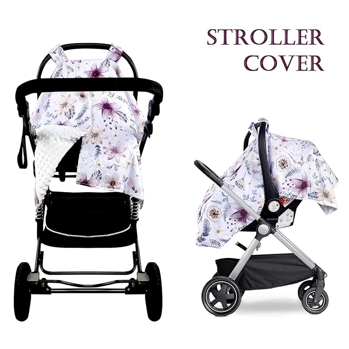 Baby Car Seat Cover, Peekaboo Opening Spring Car Seat Canopy for Baby Girls Boys, Mom Nursing Breastfeeding Covers, Blanket for Infant, Purple Watercolor Flower