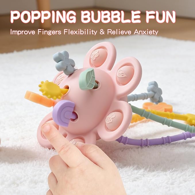 Food Grade Silicone Pull String Baby Toy, Montessori Pull String Sensory Toy for 18 Months Babies Teething Toys (Pink)