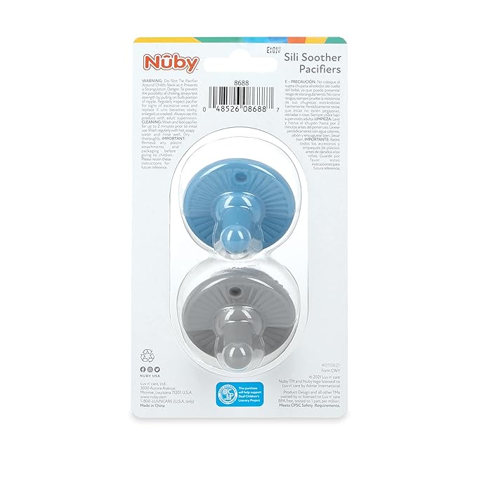 Nuby 3-D Sili Soother Pacifiers with Soft Handle and Two Safety Air Holes, 2 Pack, 0+ Months, Blue Spaceship and Gray Mustache