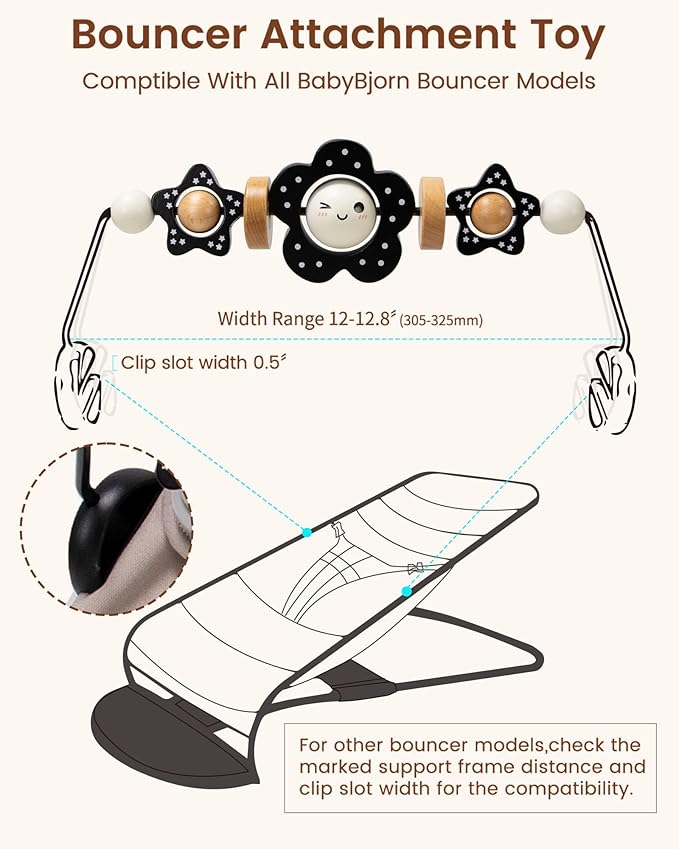 TinlyFinly Baby Bouncer Toy Bar Wooden Compatible with Baby Bjorn Bouncers, Bouncer Toy Attachment Tight and Secure Fit, So Fun to Watch, Touch and Spin for Babies All Ages (Black and White Flower)